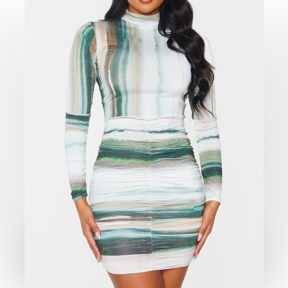 PrettyLittleThing Green Printed High Neck Ruched Skirt Bodycon Dress